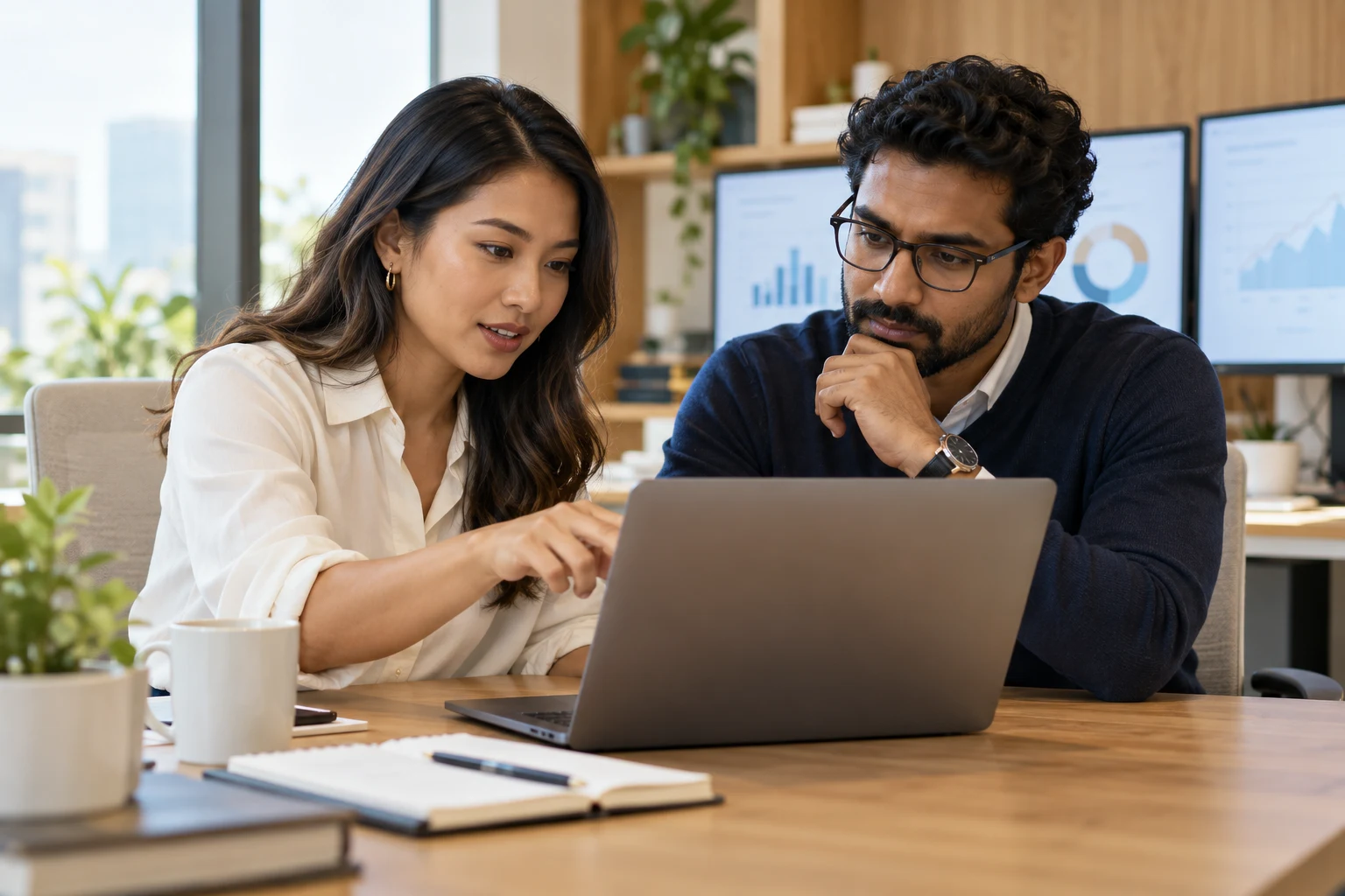Illustrative professionals collaborating in a modern office